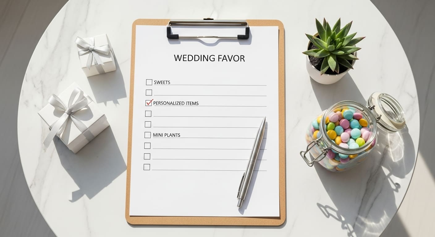 結婚式の引き出物に関する選択肢を整理したチェックリストと縁起物・代替品サンプルを上から撮影した写真。