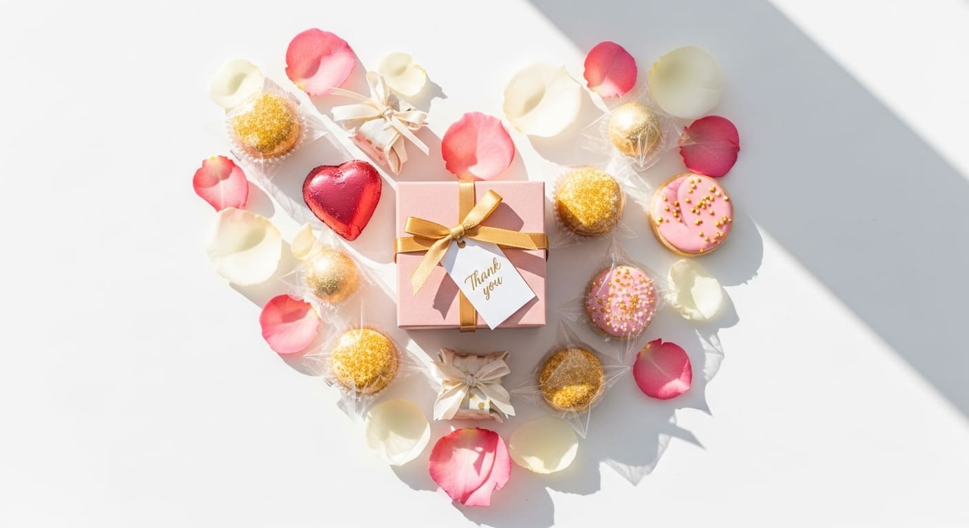 引き出物の中身に関する記事のまとめ、主要ポイントを集約した洋風ウェディングギフトの総括ビジュアル、ハートと感謝のメッセージ