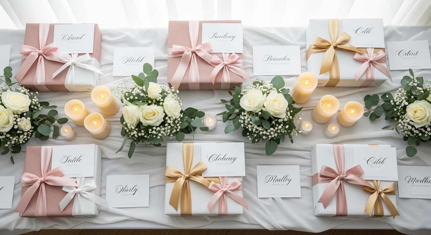 真上から見た完成引き出物ギフトセットがグループ別に整然と配置され個別カードが添えられた納品風景