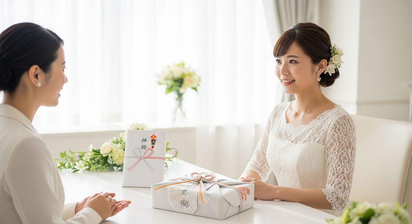 式場のブライダルサロンで新郎新婦がのしのサンプルを確認している様子