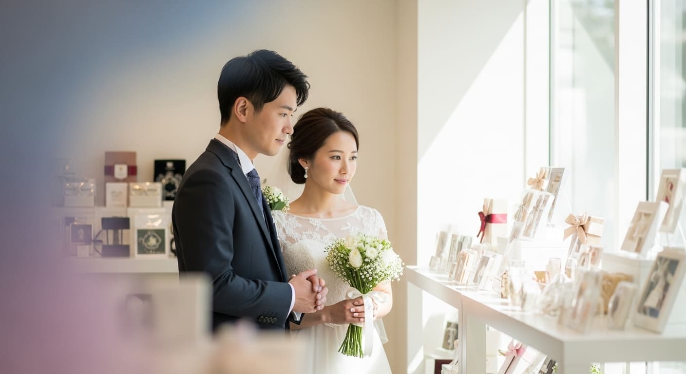 結婚式場のギフトショップで引き出物を選ぶ新郎新婦の様子