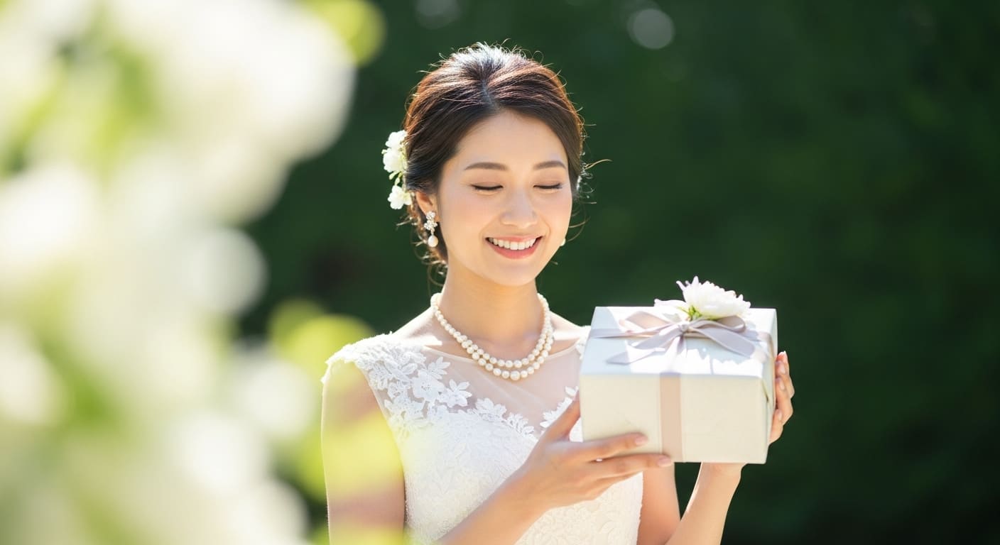 結婚式場の庭園でバームクーヘンギフトを手にする新婦の笑顔