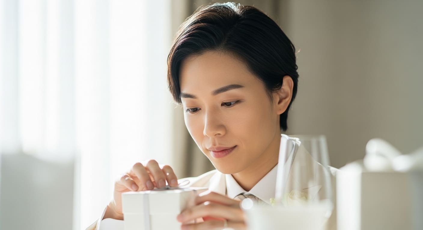 披露宴後の控室でゲストが引き出物を確認する自然な表情のクローズアップ