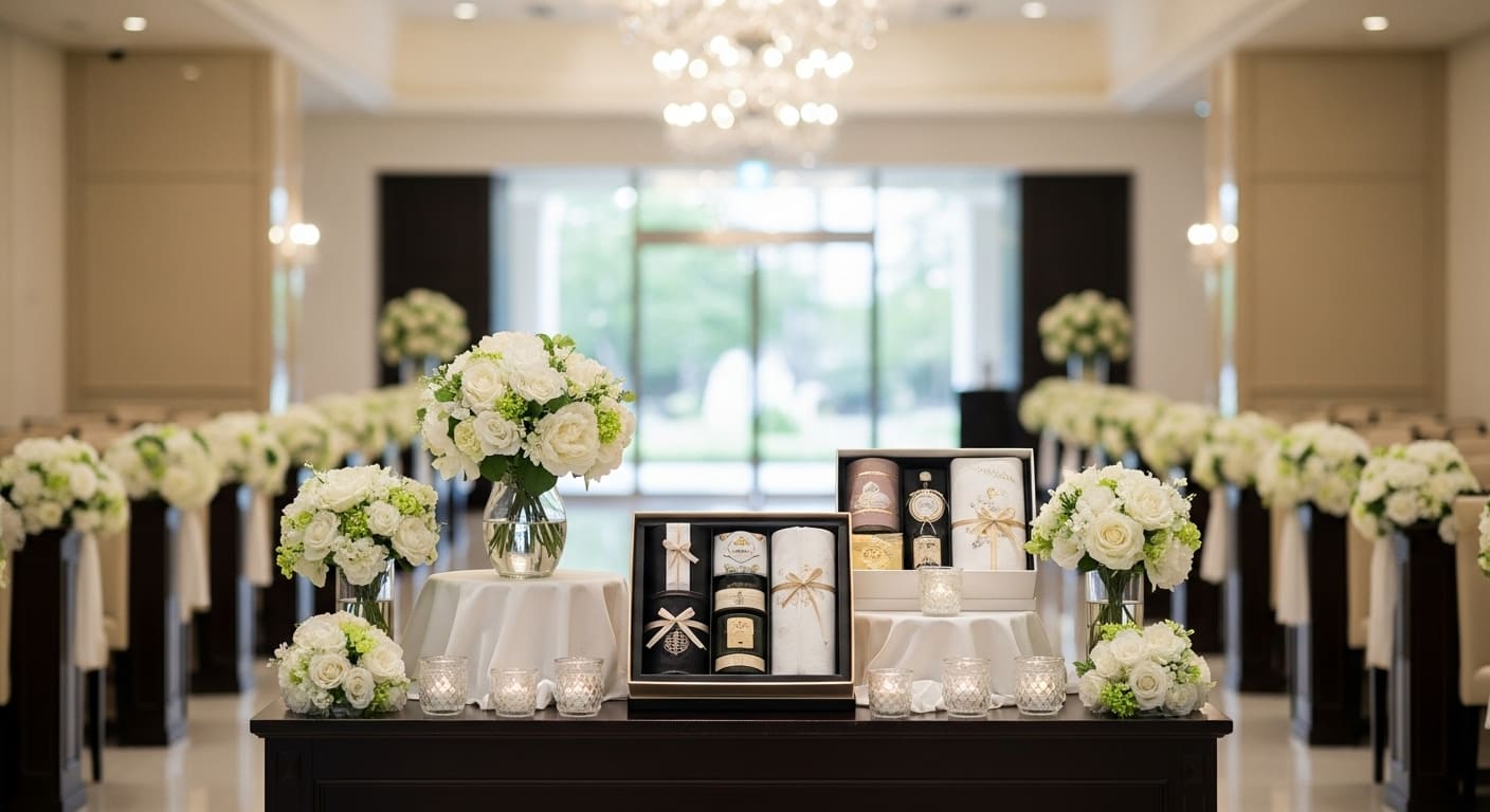 結婚式場ロビーで引き出物セットを確認する新郎新婦の様子