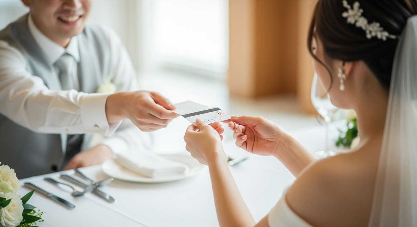 披露宴会場出口でゲストがカード型ギフトを受け取る様子を肩越しに撮影