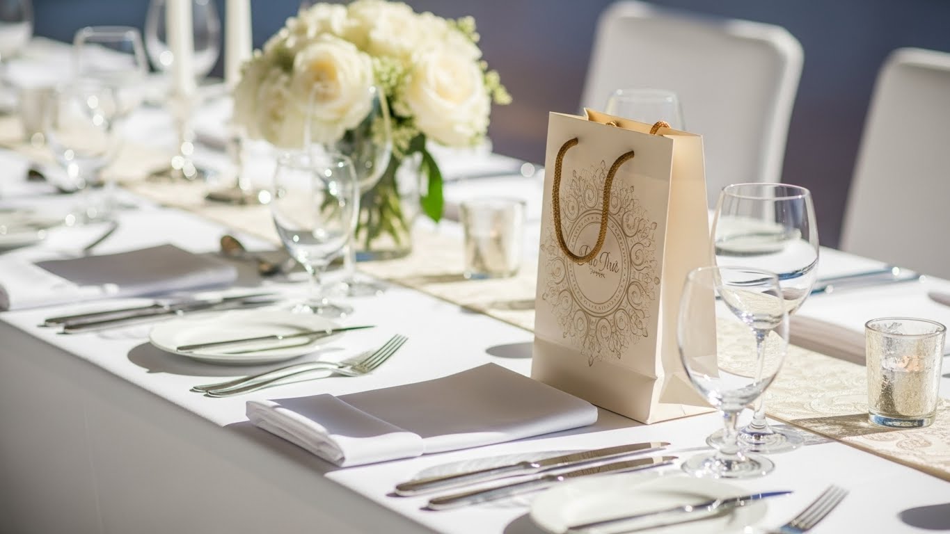 披露宴会場のゲストテーブルに置かれた上品な引き出物袋