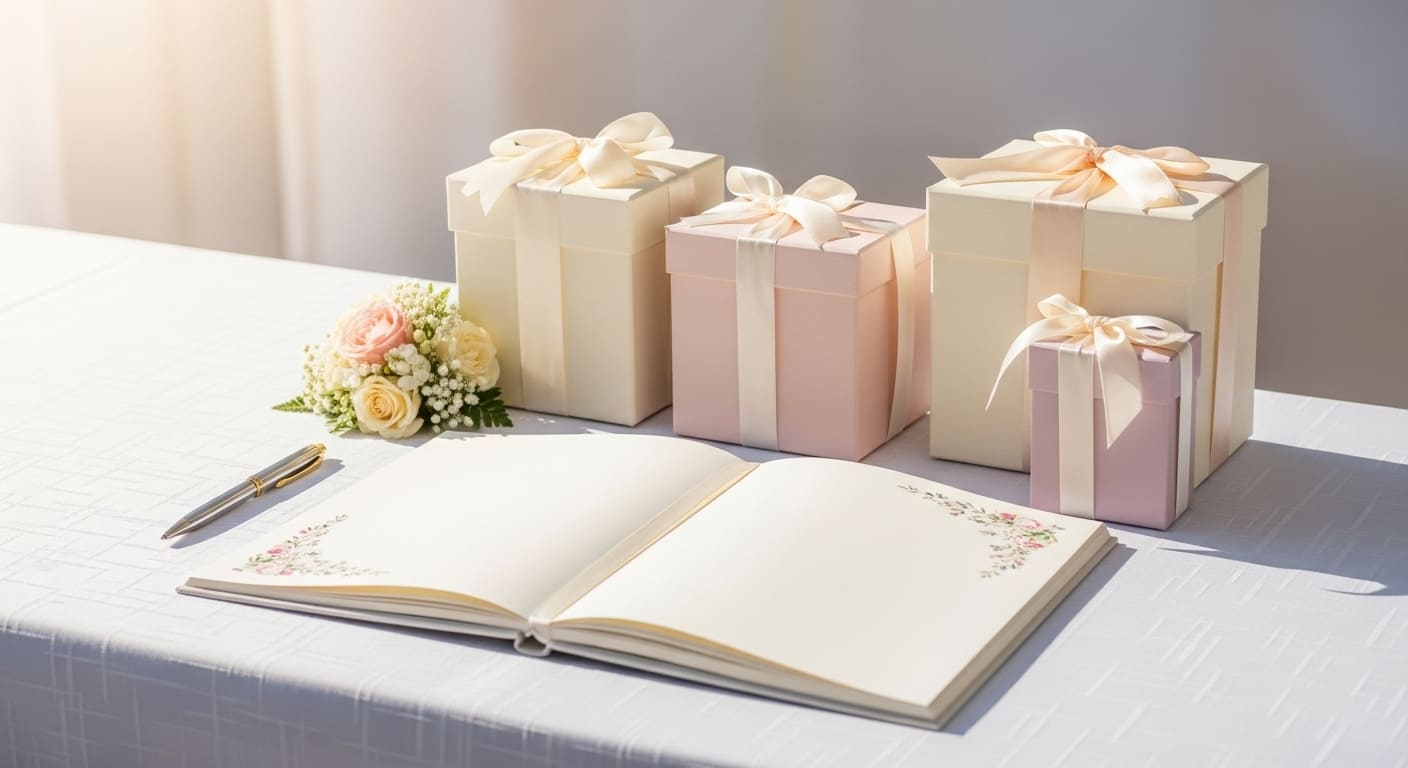 披露宴テーブルに美しくセッティングされた引き出物セットの3/4アングル