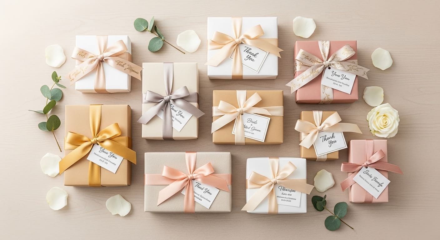 結婚式の披露宴テーブルに並ぶ3品セットの引き出物。メインギフト、引き菓子、縁起物が美しくラッピングされ、品数の目安を視覚的に示している。