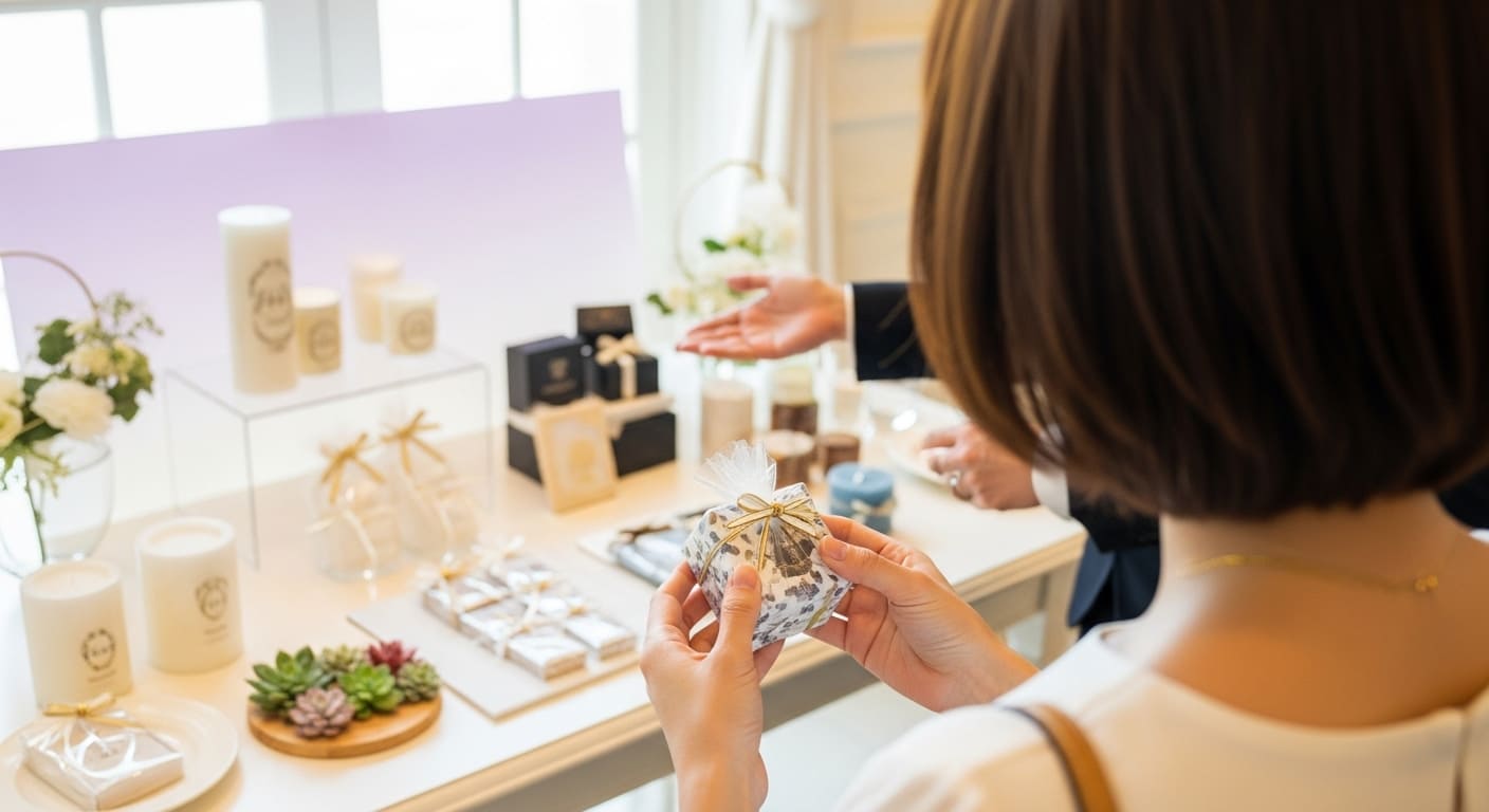 結婚式場で引き出物を選ぶ新郎新婦の様子、カウンター越しに相談している場面