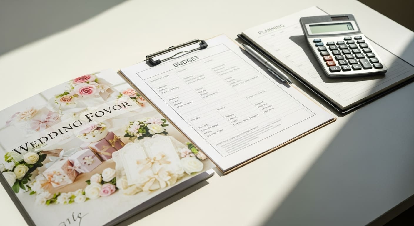 結婚式の引き出物費用を計算している様子。電卓と見積書、カタログが白いテーブルの上に置かれている。