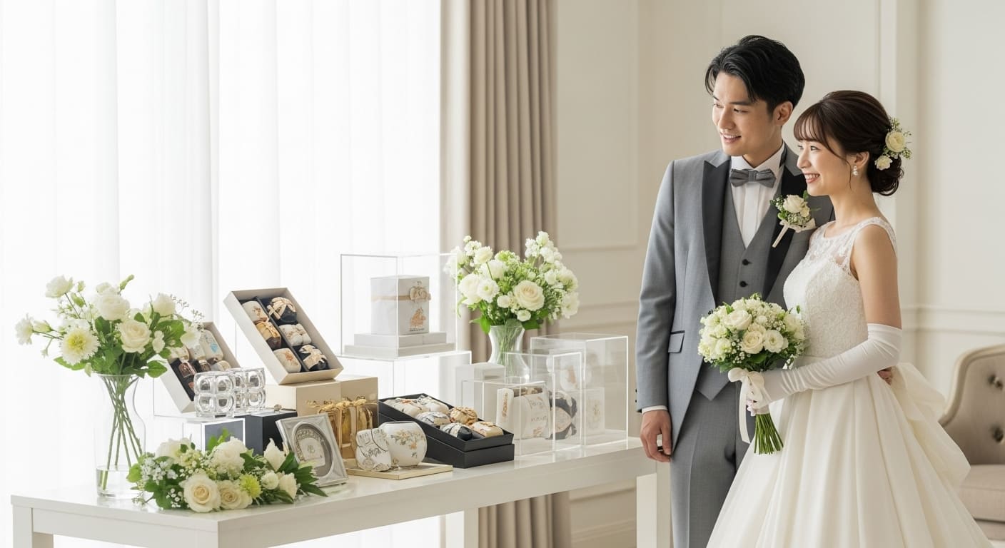 結婚式場のラウンジでおしゃれな縁起物を眺める新婦