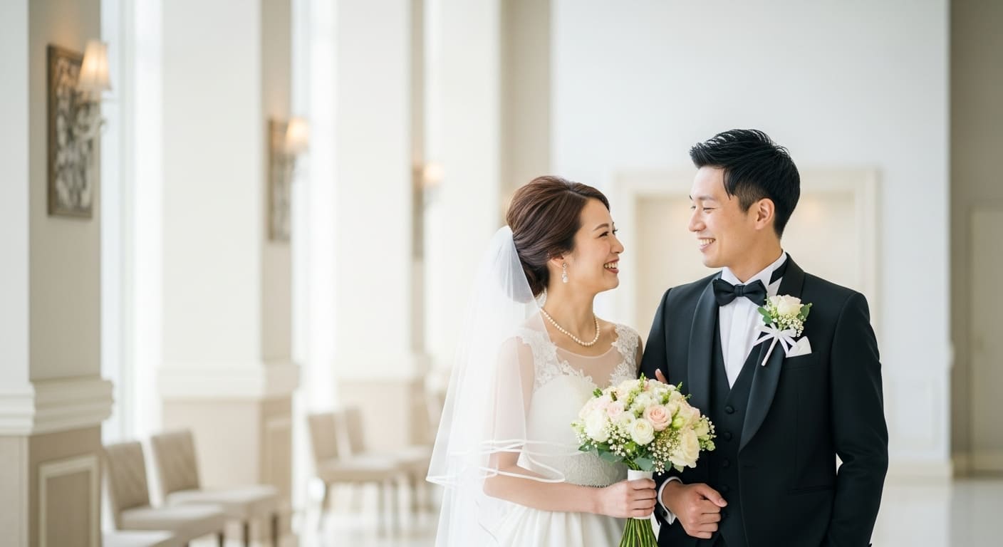 結婚式場のロビーで新郎新婦が外国人ゲストと笑顔で会話している様子