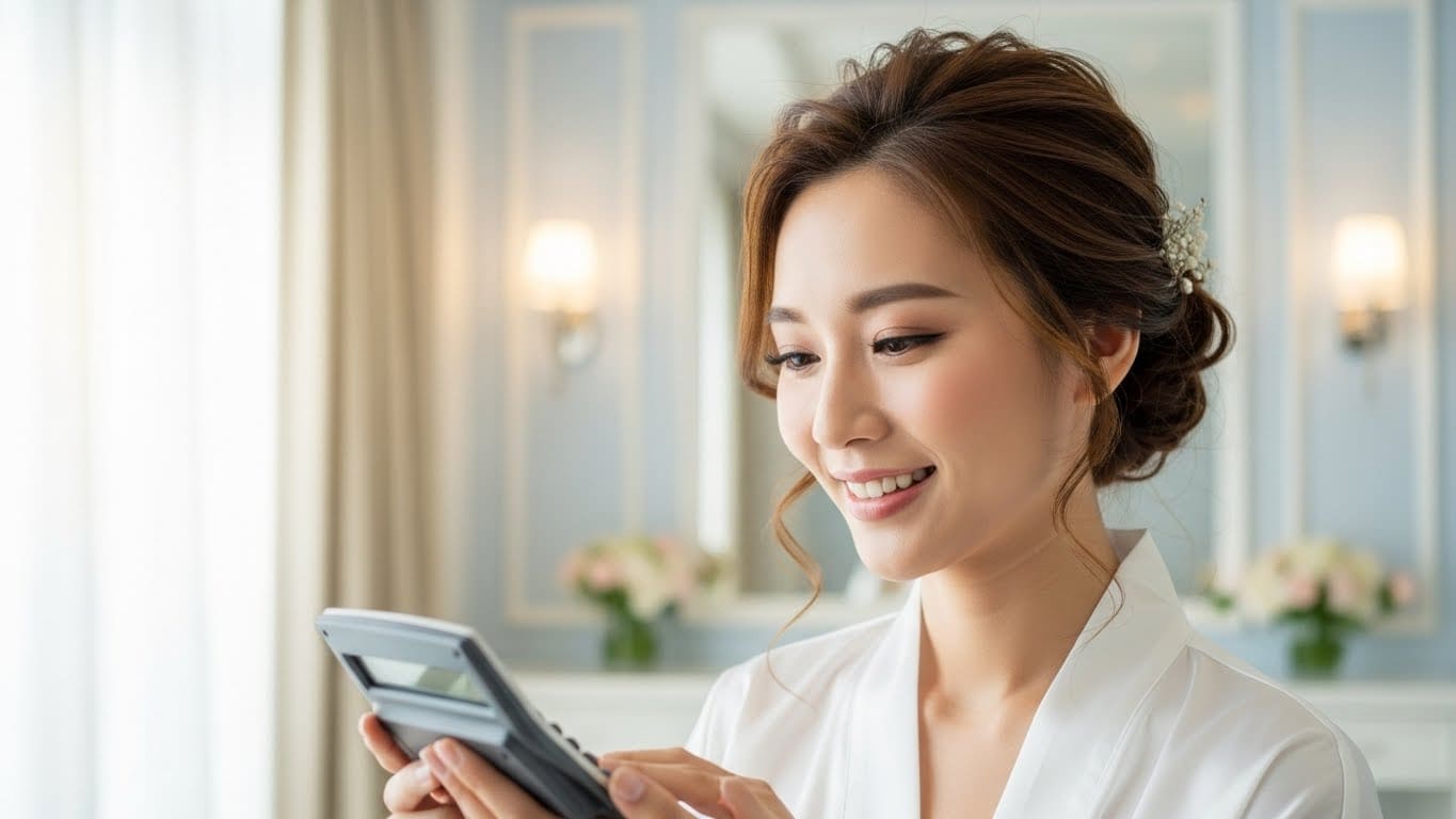 結婚式の引き出物費用を計算して節約額に喜ぶ新婦の様子