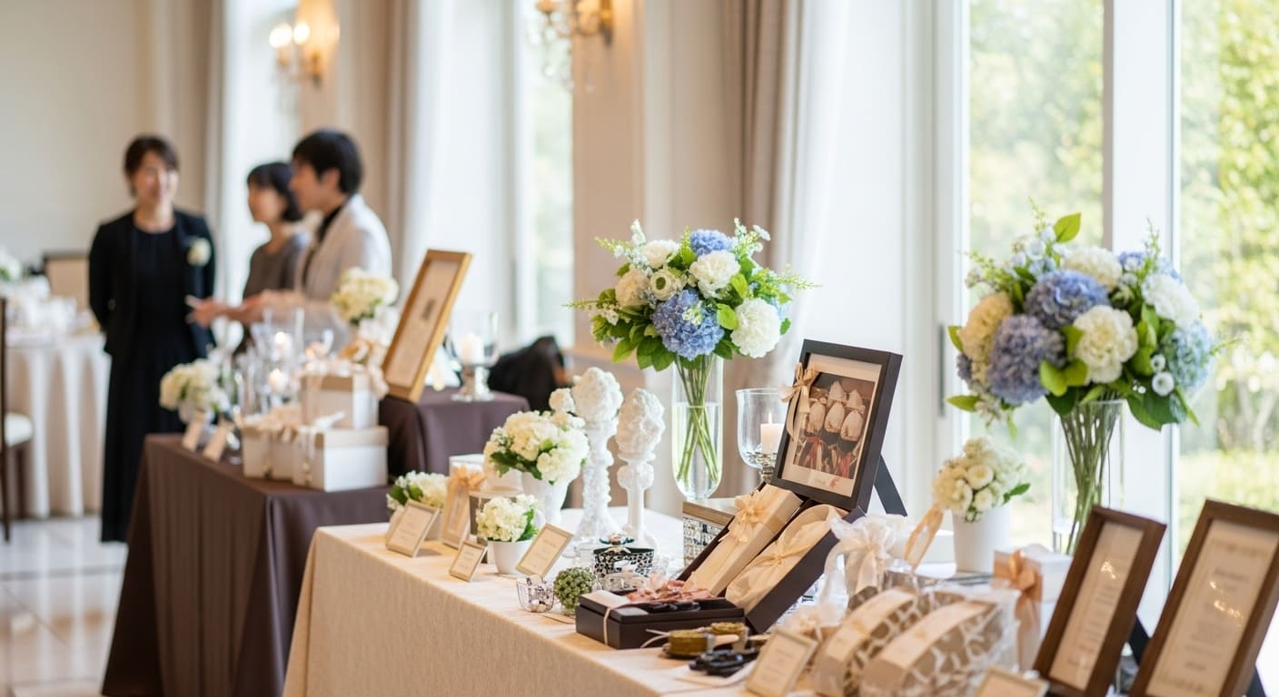 披露宴会場のギフトコーナーでゲストが引き出物を選んでいる様子、ナチュラルな装飾とおしゃれな雰囲気