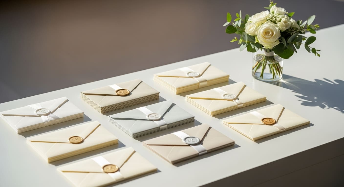 結婚式場受付カウンターに美しく並ぶご祝儀袋を斜め45度から撮影