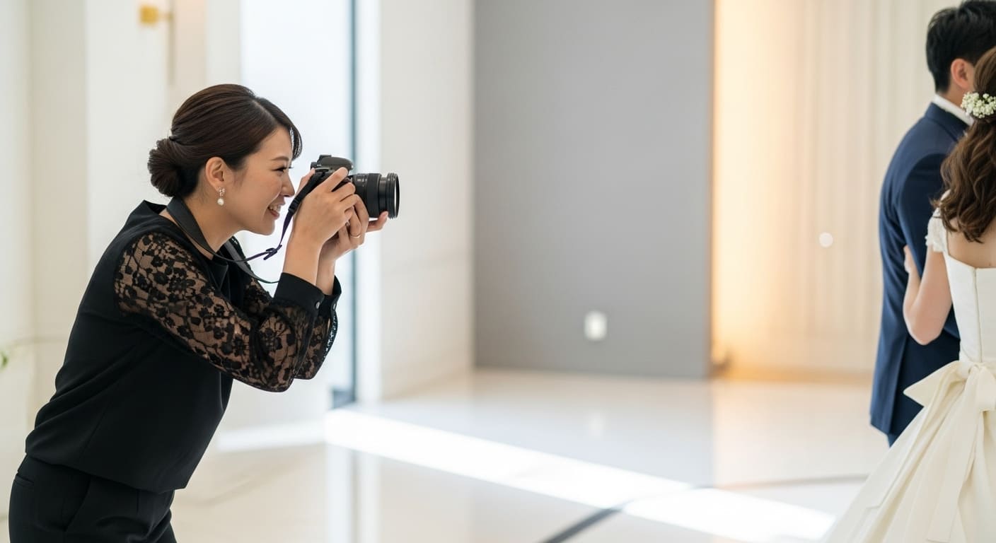 披露宴会場でゲストがスマートフォンで新郎新婦を撮影する自然な横アングル