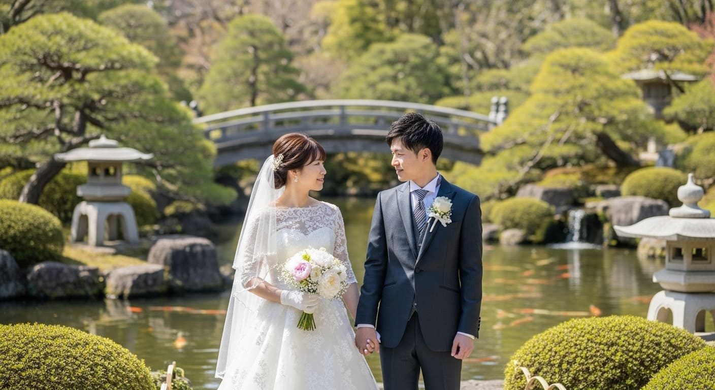 日本庭園で和装の新郎新婦が伝統的な結婚儀式に臨む目線の高さの全身ショット