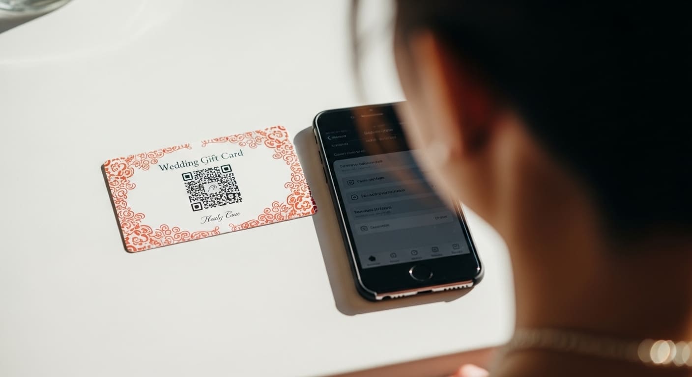 カード型ギフトをスマートフォンで確認している様子。肩越しにQRコード付きのカードと選択画面が見える。