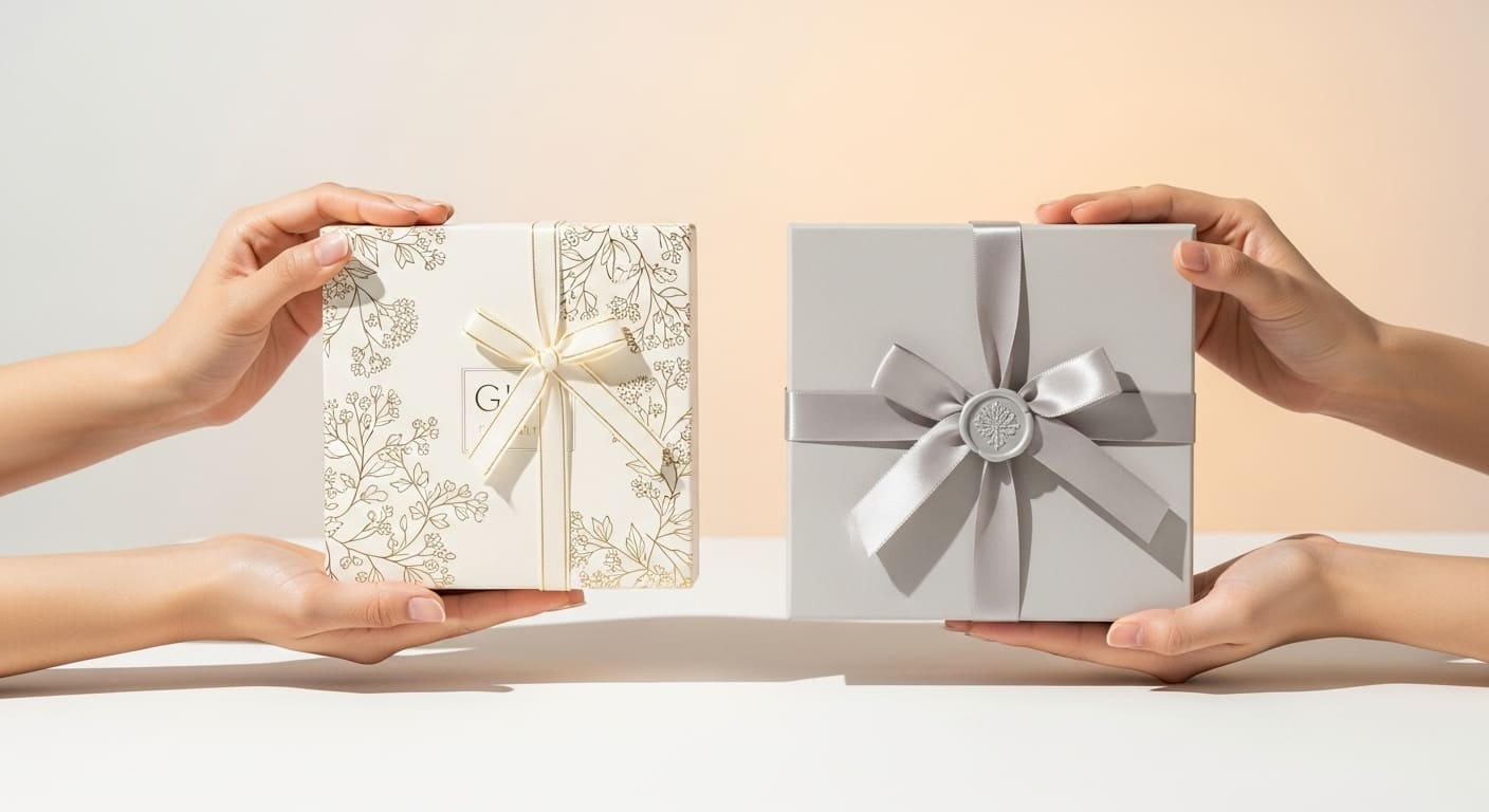 ギフトショップで縁起物のパッケージデザインを比較する新郎新婦