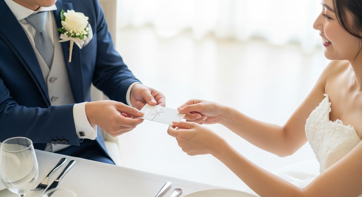 披露宴会場で新婦がゲストにカード型引き出物を手渡している場面