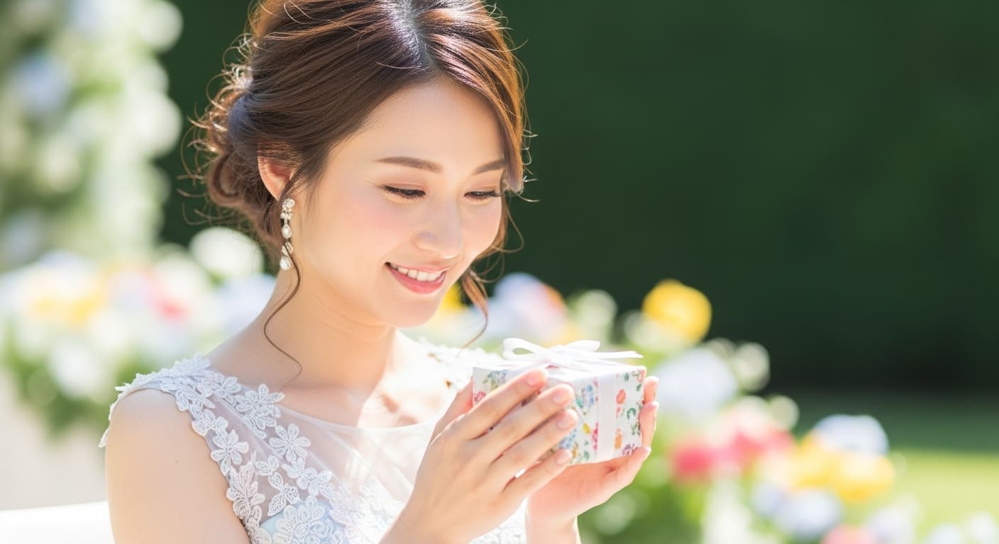 ガーデンウェディングでゲストが引き出物を受け取る笑顔の様子