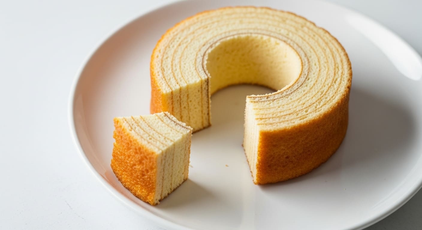 バームクーヘンの断面に浮かぶ美しい年輪模様のクローズアップ