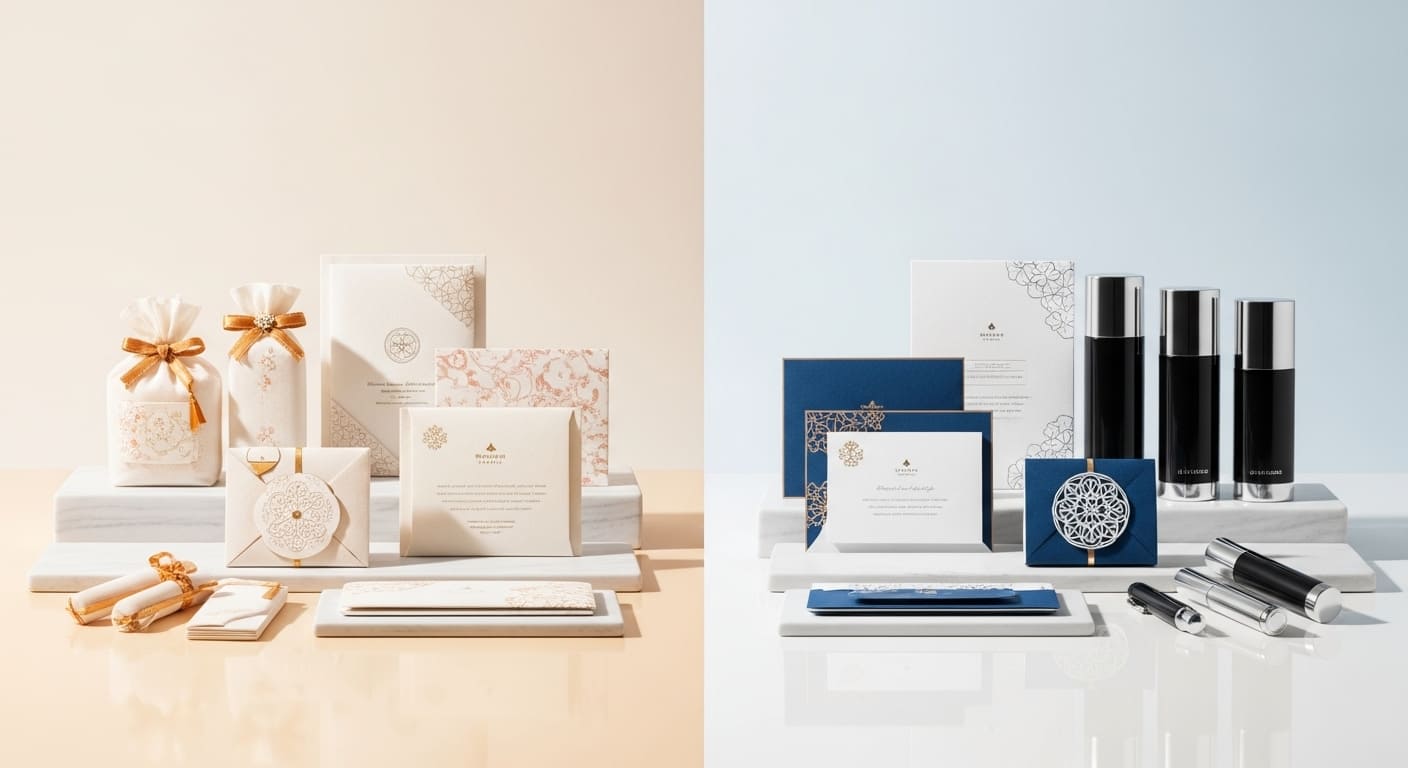 引き出物用トートバッグの複数ブランドを比較展示する洗練されたディスプレイ