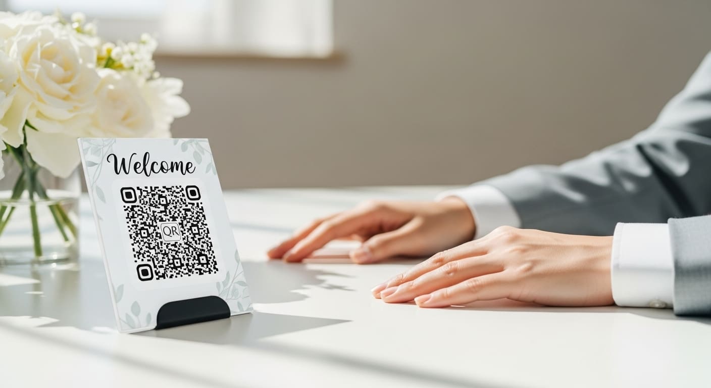 ウェルカムボード前でゲストがスマホでQRコードをスキャンする手元のクローズアップ