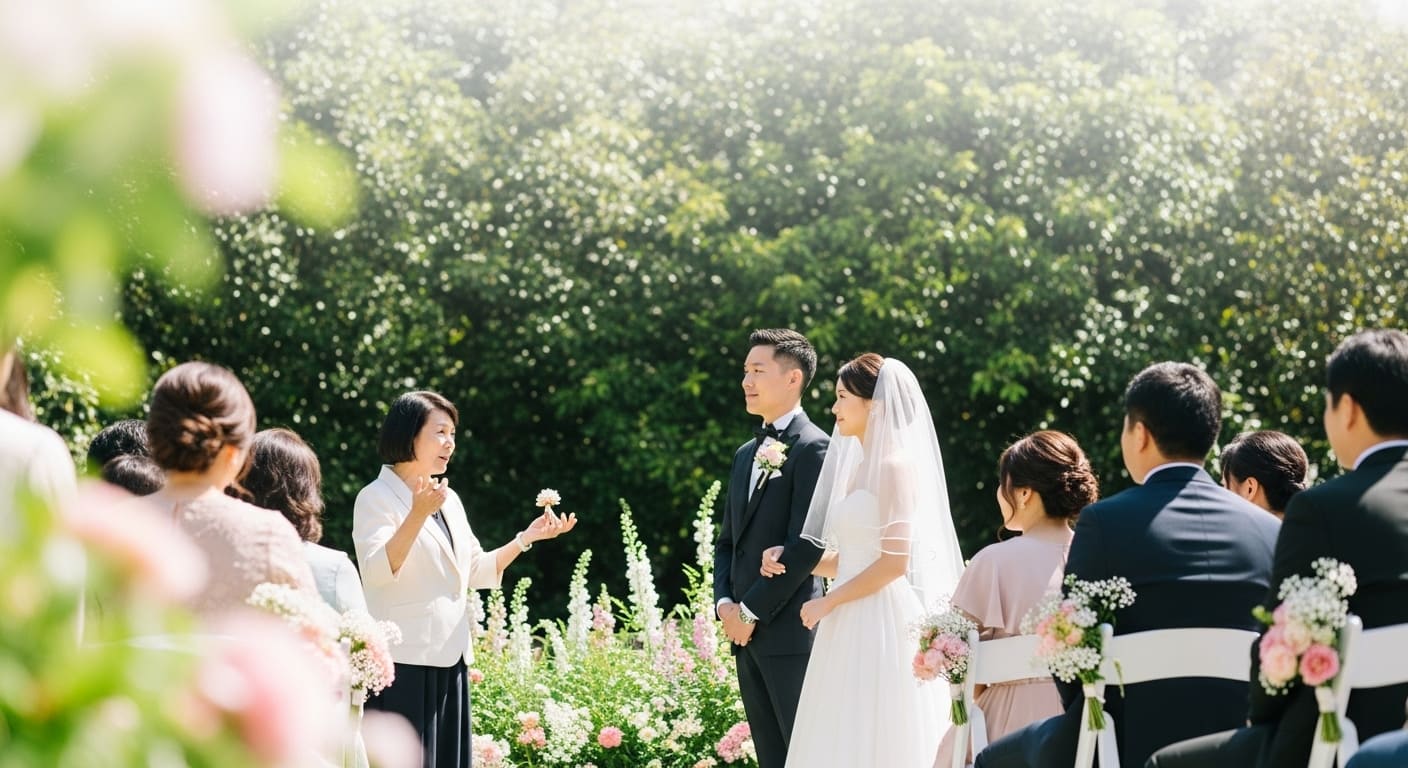 ガーデンセレモニー会場で新婦が外国人ゲストに日本の文化を説明している様子