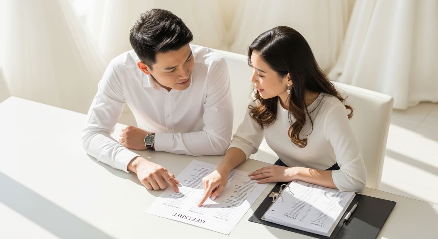 ブライダルショップで新郎新婦がゲストリストを見ながら相談する様子を高角度から撮影