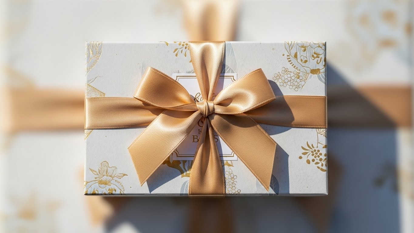 上品なリボンで包装された結婚式の引き出物ギフトボックス