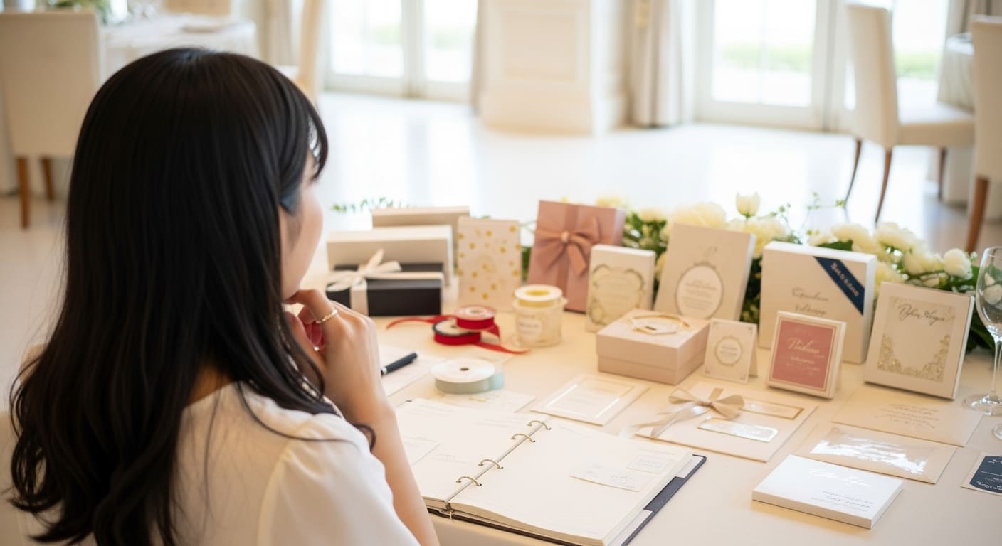 結婚式の引き出物の奇数ルールについて相談する新郎新婦の後ろ姿。肩越しに引き出物サンプルを見ている様子が、品数決定の悩みを表現。