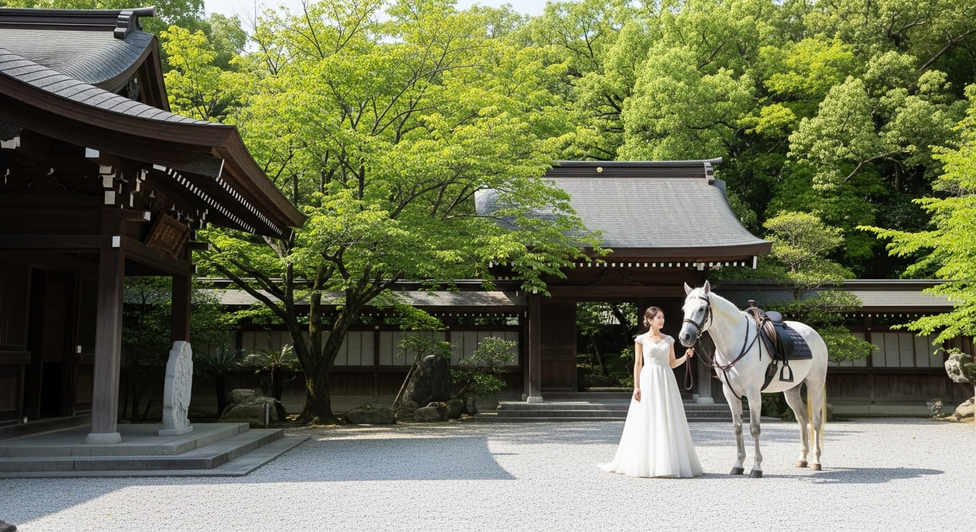 屋外日本庭園で白馬が佇む美しい光景、歴史的な雰囲気を感じる全景