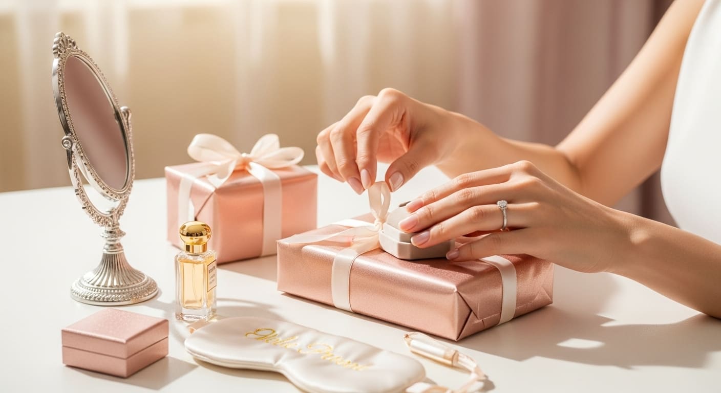 ギフトショップで引き出物を選ぶ新郎新婦の手元クローズアップ、高級感のあるギフトアイテムが並ぶ