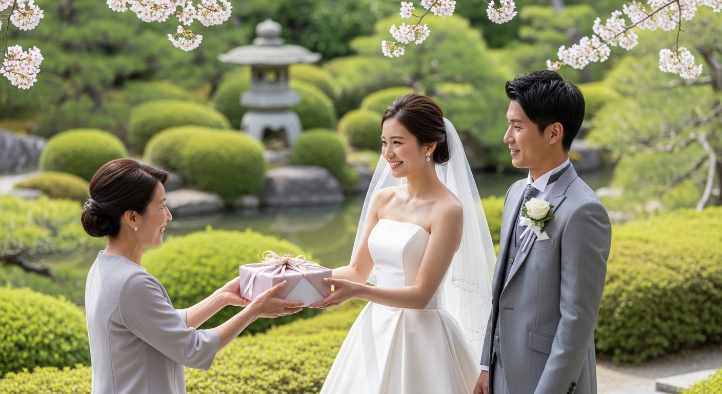 日本庭園で和装の新郎新婦がゲストに引菓子を手渡す場面