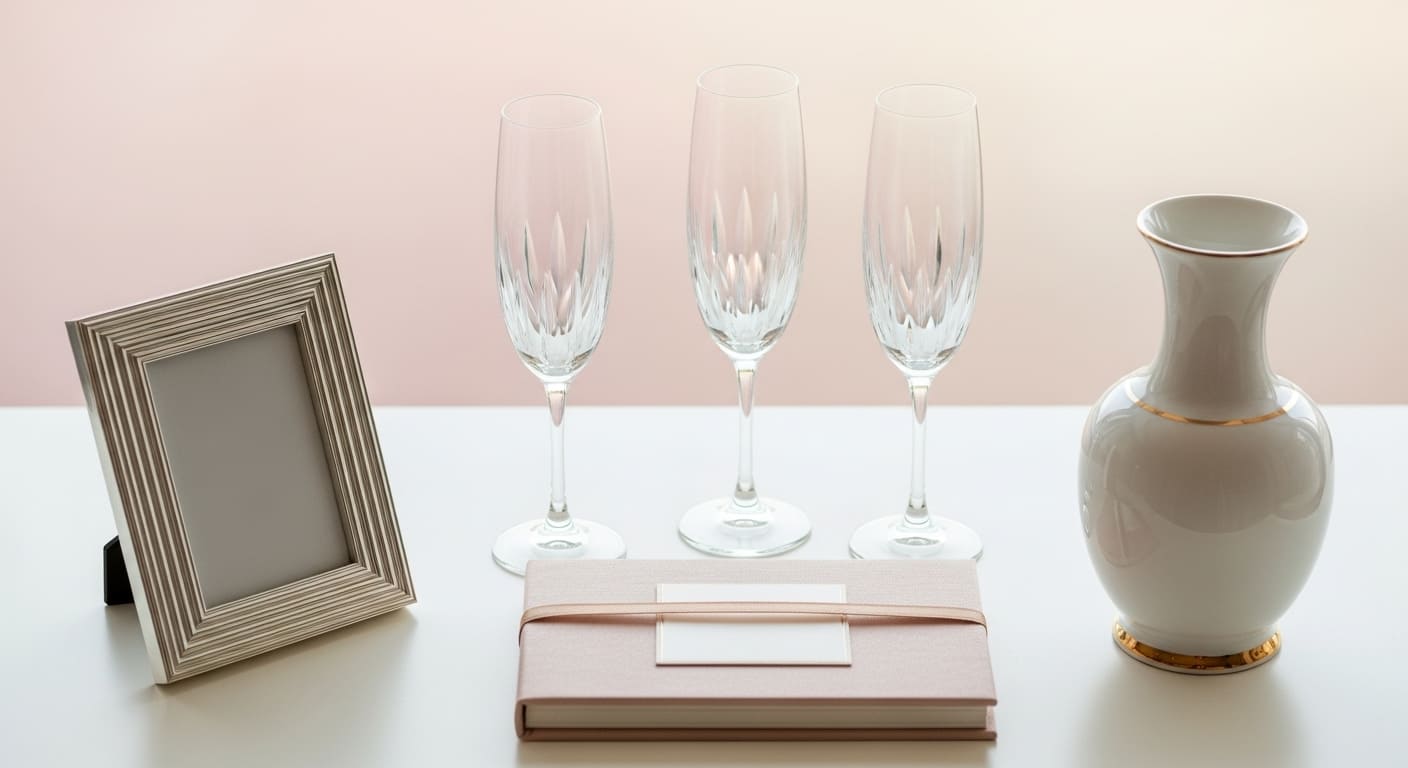 結婚式場ギフトサロンで縁起物サンプルが美しく並べられた様子を真上から撮影