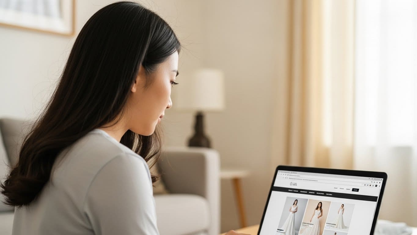 自宅でノートパソコンを使い引き出物を選ぶ新婦の後ろ姿