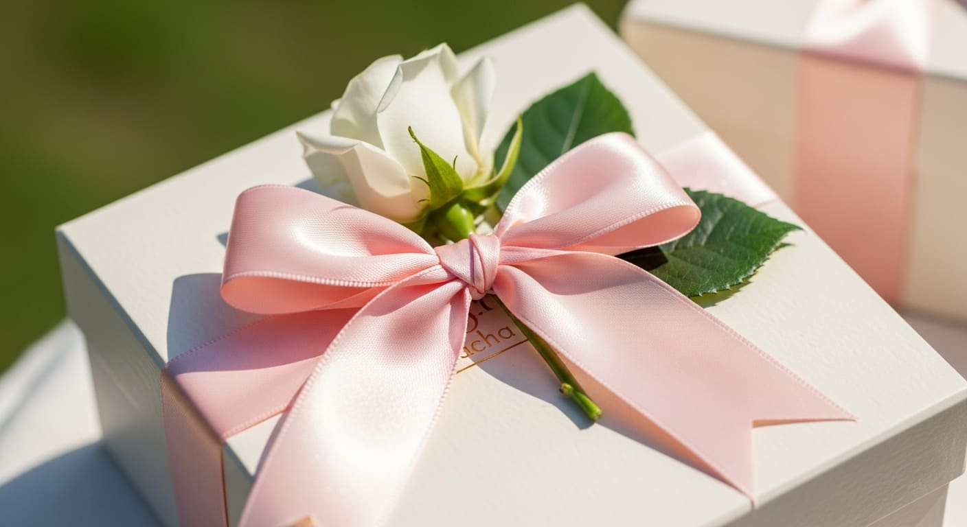 屋外ガーデンに置かれたのし付き引き出物のクローズアップ