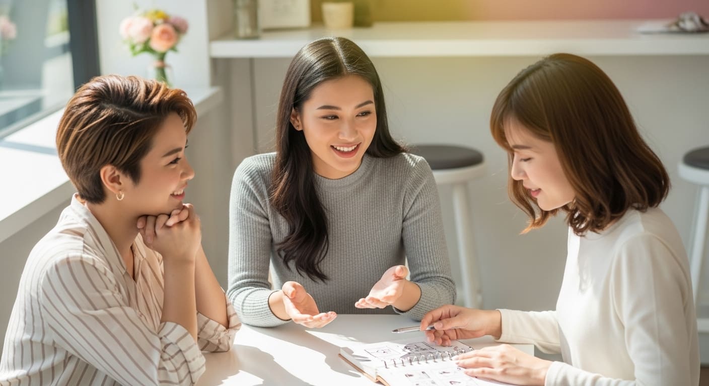 カフェで友人グループが結婚式について話し合う様子を斜め上から撮影