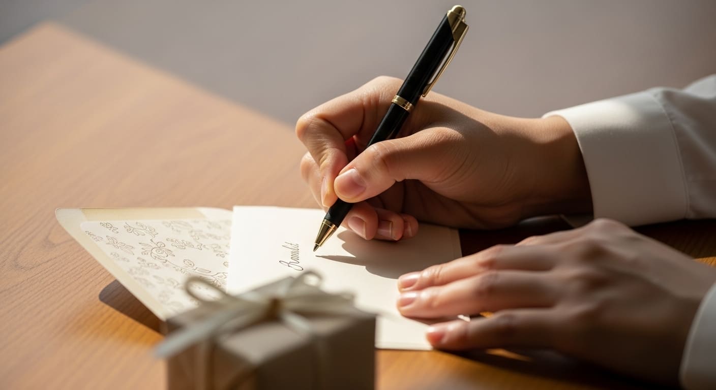 自宅テーブルでご祝儀袋に筆ペンで丁寧に名前を書く手元のクローズアップ
