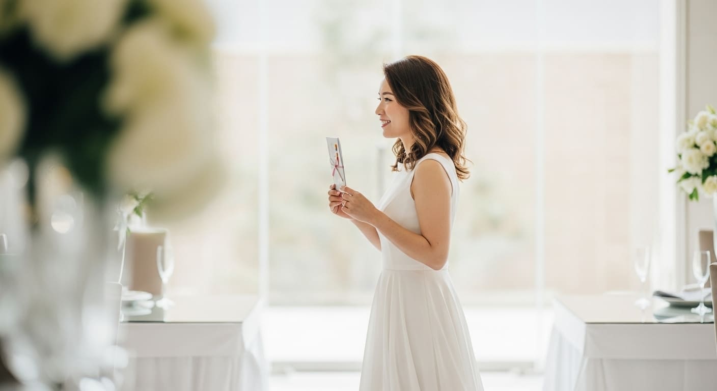 パーティー会場でゲストがカード型ギフトを笑顔で眺める自然な横アングル