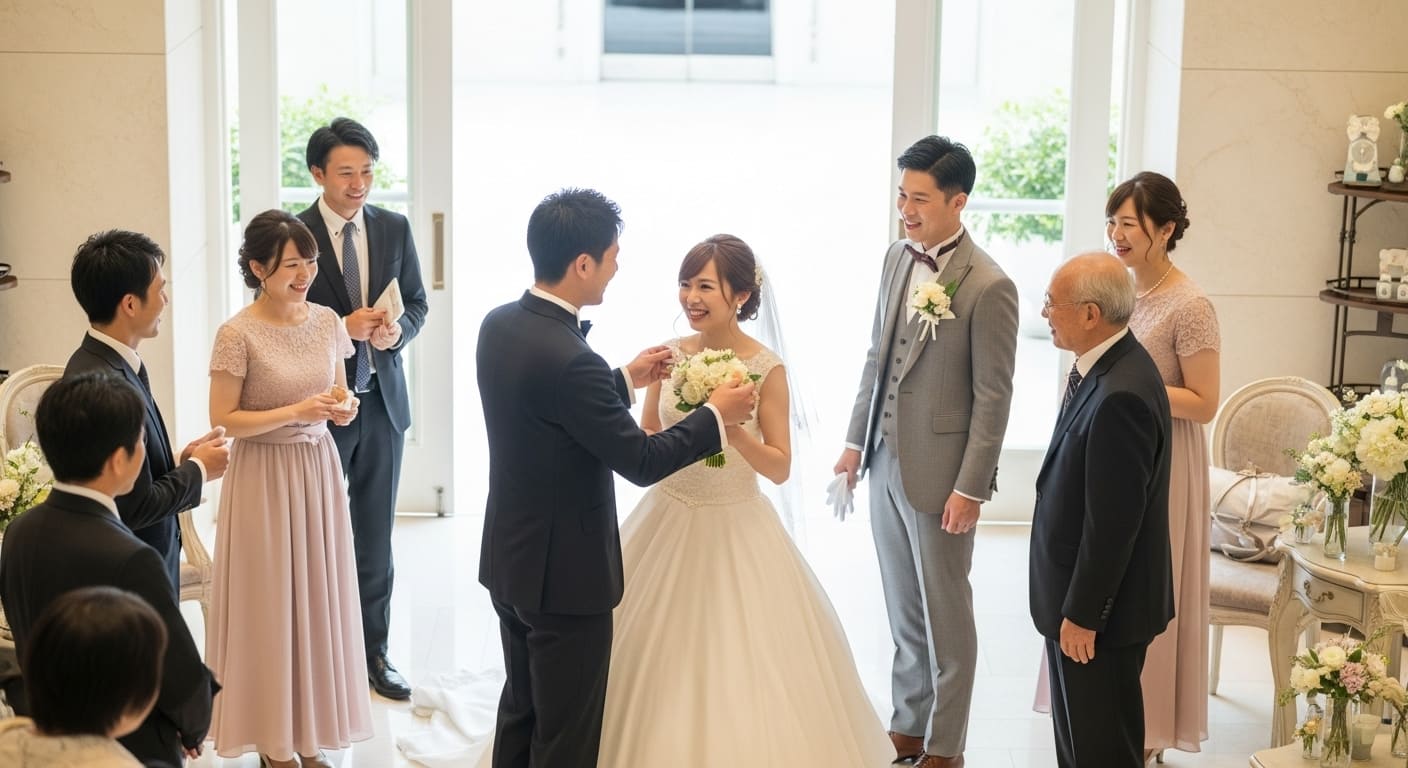 披露宴終了後のマルシェコーナー、複数のゲストがギフトを選びながら会話している引きの構図