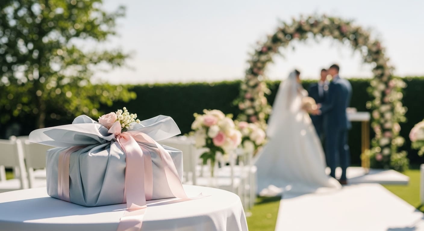 ガーデン会場で美しくラッピングされた引き出物が飾られている様子