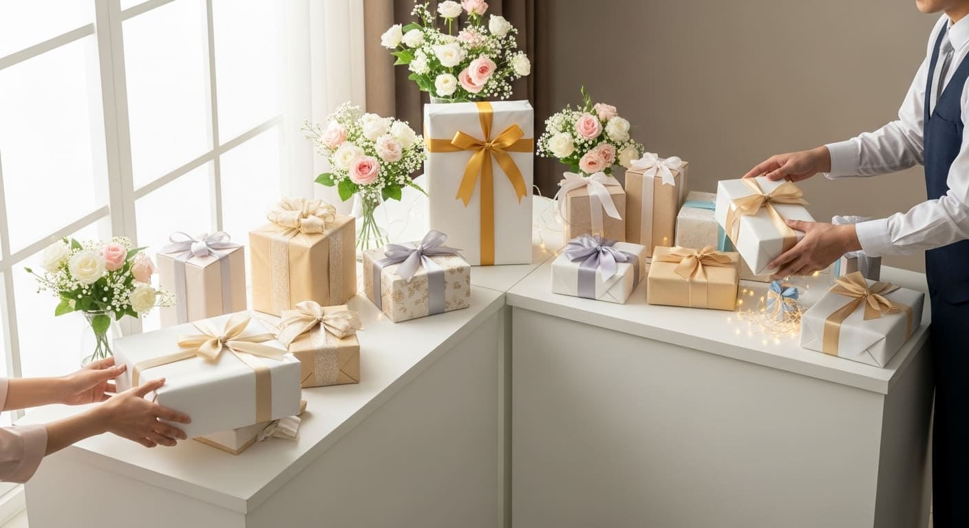 披露宴会場の引き出物コーナーで個包装ギフトを眺める女性ゲスト