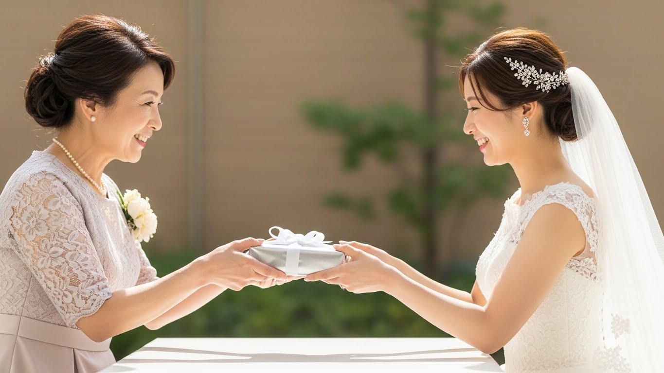 披露宴のお見送りで新婦がゲストにプチギフトを手渡す温かい場面