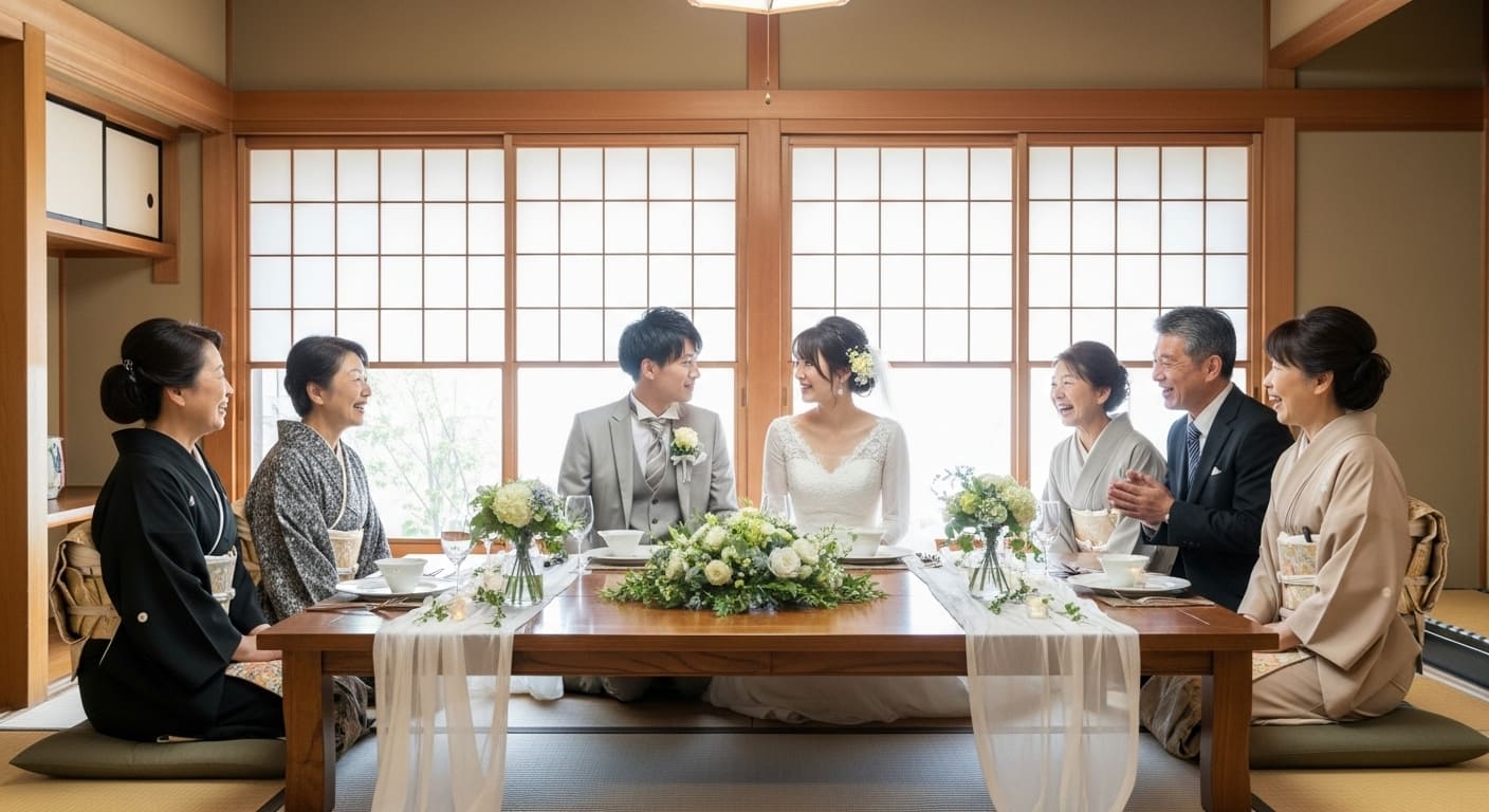 和室で新郎新婦と両家両親が話し合う様子