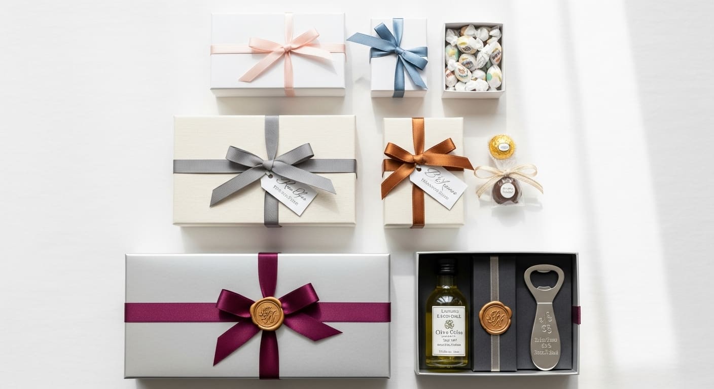 異なる予算帯の引き出物が整然と並べられている様子。基本・中級・上級の3段階が比較できるレイアウト。