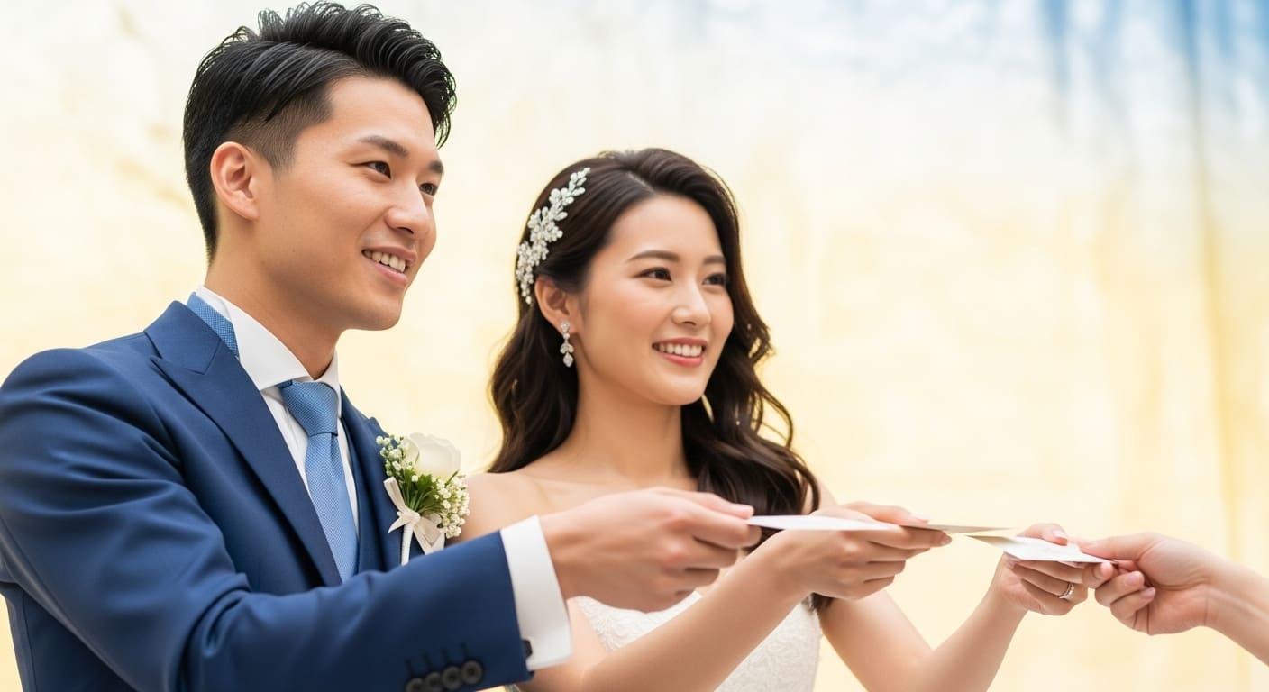 披露宴でゲストに引換えカードを手渡す新郎新婦の笑顔