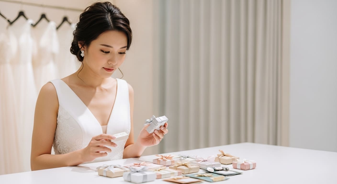 ブライダルショップで新婦が3品セットのサンプルを確認する胸から上のショット