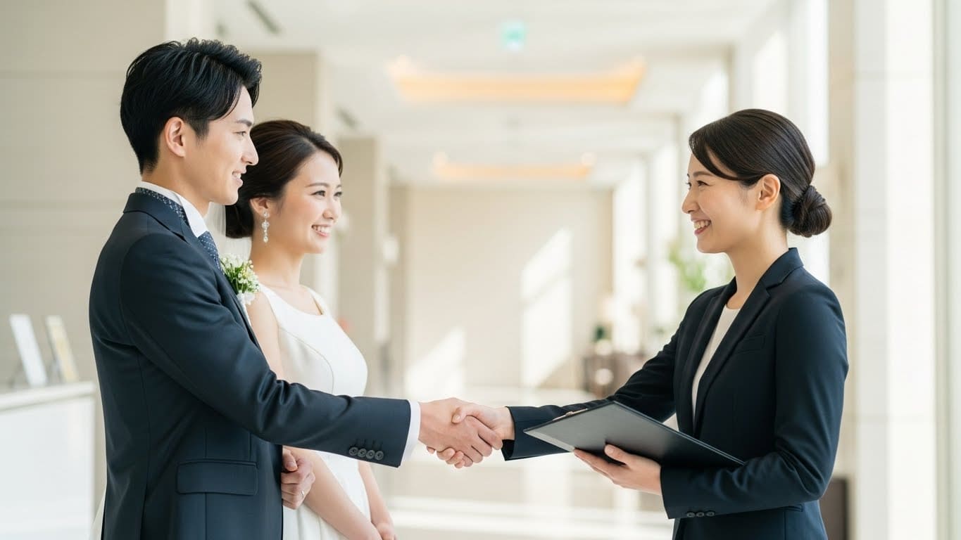 式場ロビーでプランナーと交渉成功し握手するカップル